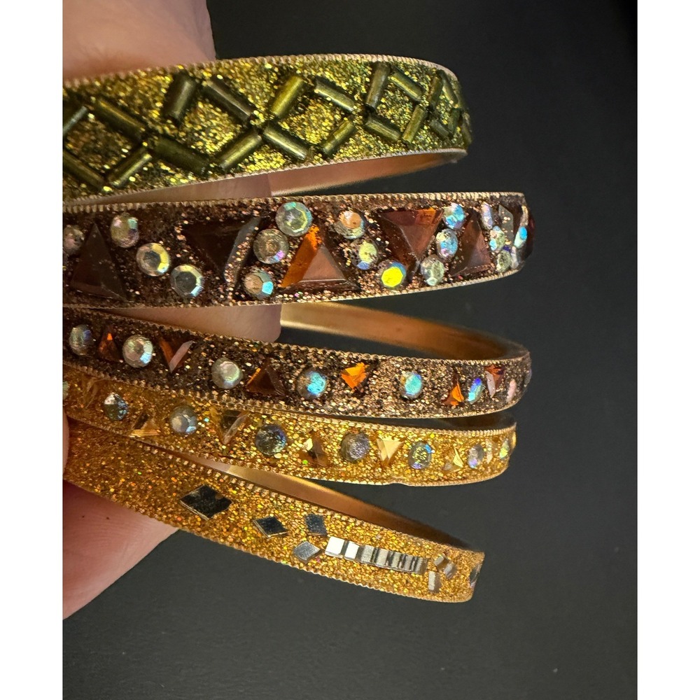 Bangle Bracelet Boho Gold Tone Green Rhinestone 5pc